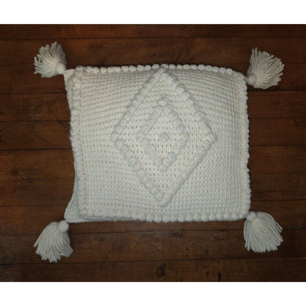 Vintage Boho Grandmacore Hand Crocheted Chunky Accent Throw Pillow Cream 11x12"